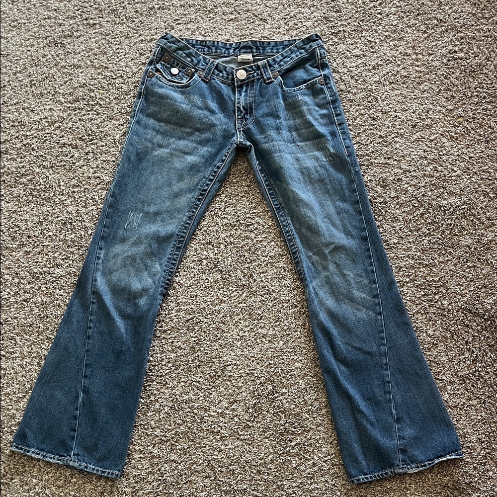 True Religion Blue Flare Jeans with Signature Stitching